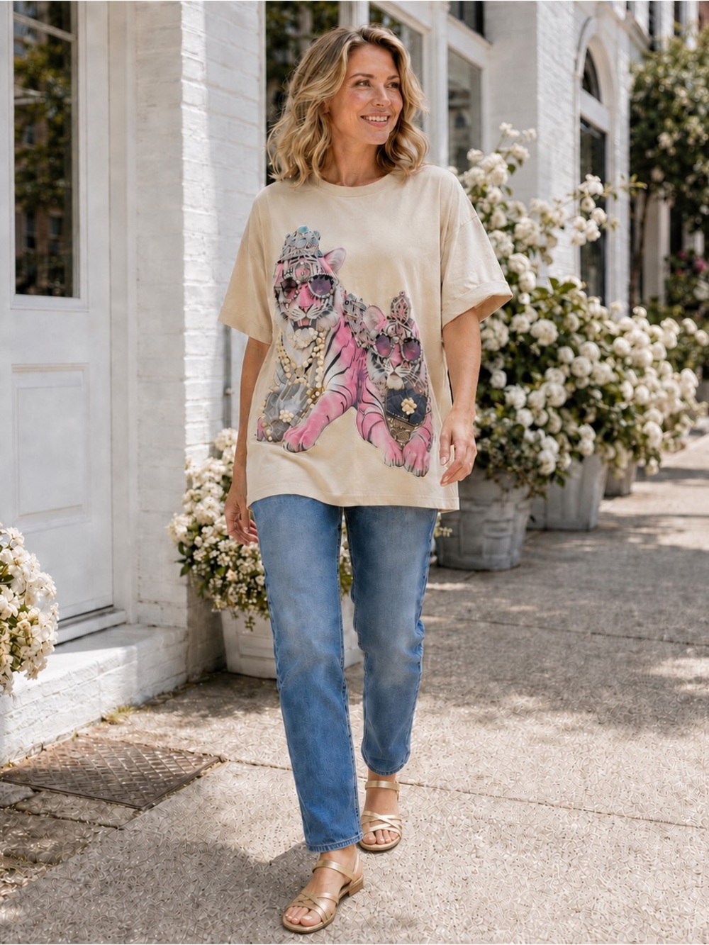 NEW Light Pink Tiger Allover Pearl Rhinestone Purse Tiara Crown Black T-shirt OS